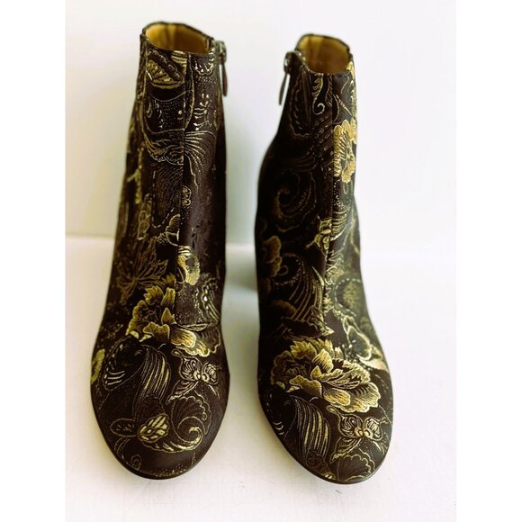 Franco Sarto Black/Gold Olympia Embossed Chunky Heel Ankle Boots,, size 9M. - Picture 1 of 10